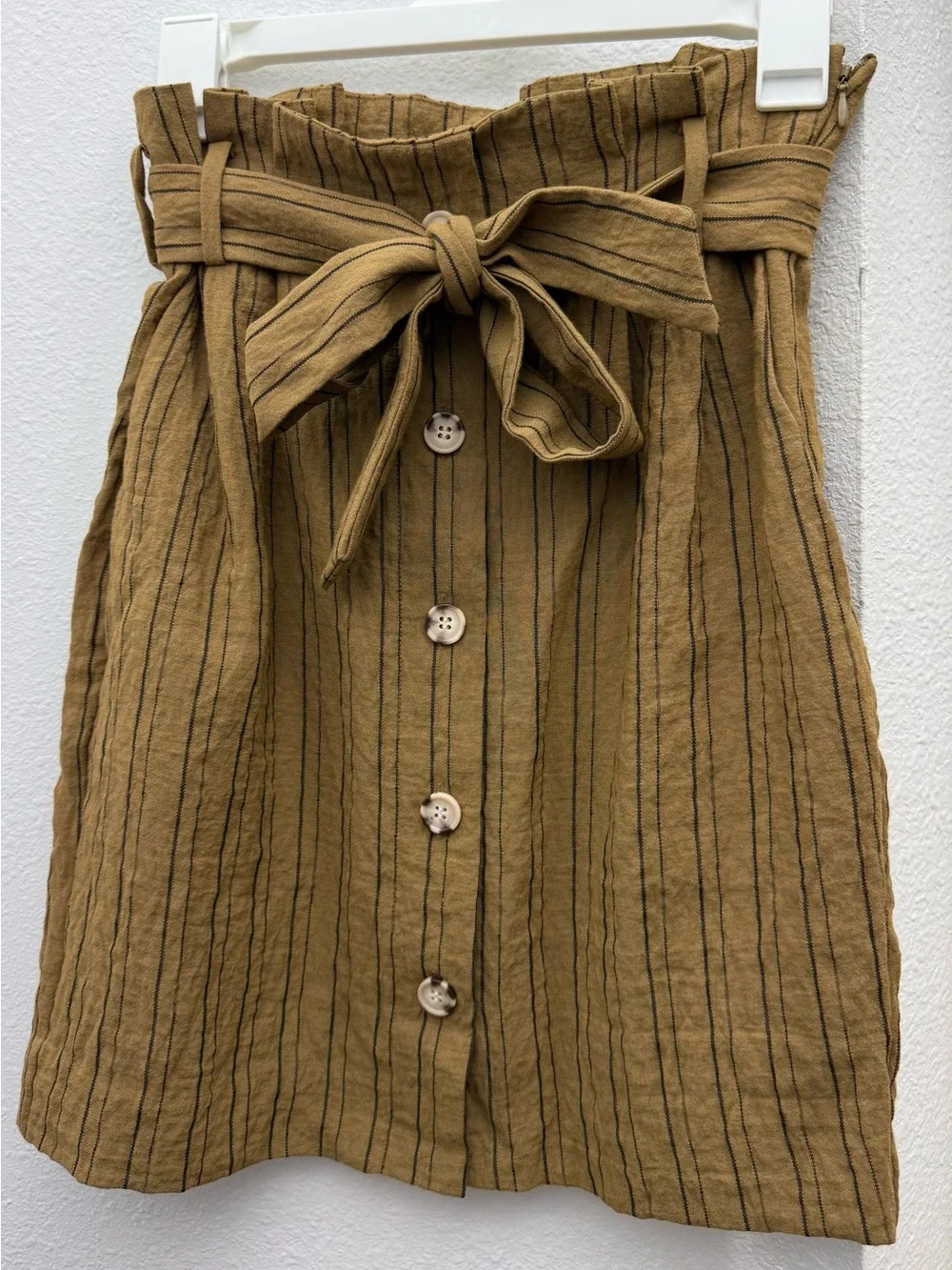 H&M Rust Brown Striped Paperbag Mini Skirt Button Front Tie Waist Sz 4